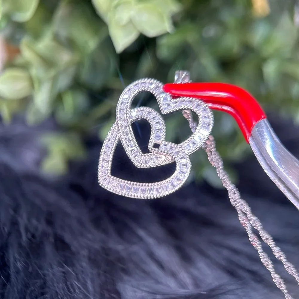 Silver 925 Double Heart Baguette Cz Necklace